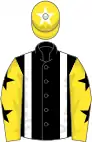 Black, white braces, yellow sleeves, black stars, yellow cap, white star