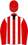 red and white stripes, red sleeves and cap