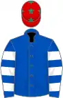 Royal blue, white hooped sleeves, red cap, emerald green stars