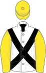 White, black cross belts, yellow sleeves and cap