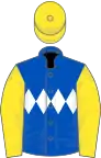 Royal blue, white triple diamond, yellow sleeves and cap