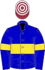 Blue, yellow hoop and armlets, maroon and white hooped cap