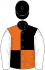 Black and orange (quartered), white sleeves, black cap