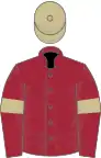 Maroon, beige armlets, beige cap