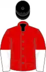 Red, white halved sleeves, black cap
