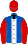 Royal blue, white stripe, red sleeves and cap