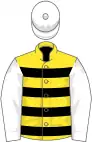 Yellow, dark blue hooped, white sleeves, white cap