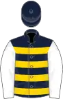DARK BLUE, GOLD hoops, WHITE sleeves, DARK BLUE cap