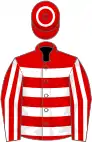 Red, white hoops, striped sleeves, hoop on cap