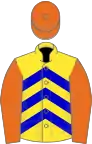 Yellow, blue chevrons, orange sleeves and cap