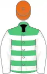 Emerald green, white hoops and sleeves, orange cap