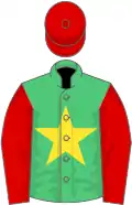 Emerald green, yellow star, red sleeves and cap