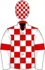 Red and white check, white sleeves, red armlets, check cap