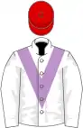White, mauve chevron, white sleeves, red cap