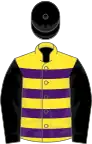 Yellow and purple hoops, black sleeves and cap