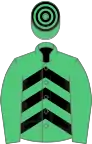 Emerald green and black chevrons, emerald green sleeves, hooped cap