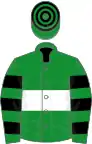 Green, white hoop, green and black hooped sleeves and cap