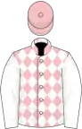 Pink and white diamonds, white sleeves, pink cap