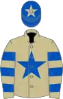 BEIGE, royal blue star, hooped sleeves, royal blue cap, beige star