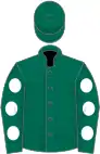 Dark green, white spots on sleeves, dark green cap