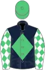 Dark blue, green diamond, white sleeves, green diamonds, green cap