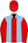Light blue, red stripe, sleeves and cap
