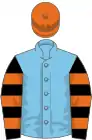 Kingfisher blue, black and orange hooped sleeves, orange cap