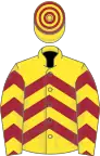 Yellow, maroon chevrons, hooped cap