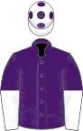 Purple, white halved sleeves, white cap, purple spots