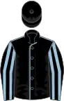 Black, light blue seams, striped sleeves, black cap