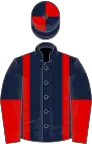 Dark blue, red braces, halved sleeves, quartered cap