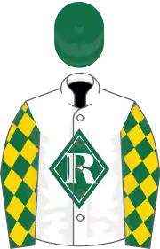 White, dark green diamond, dark green sleeves, gold diamonds, dark green cap, white visor