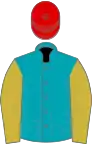 Peacock blue, old gold sleeves, red cap