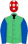 Emerald green, royal blue sleeves, red cap, white spots