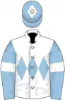 White, light blue triple diamond, light blue sleeves, white armlets, light blue cap, white diamond