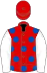 Red, royal blue spots, white sleeves, red cap