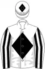 White, black diamond, black and white striped sleeves, white cap, black diamond