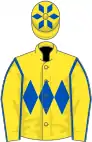Yellow, royal blue triple diamond, yellow sleeves, royal blue seams, yellow cap, royal blue diamonds