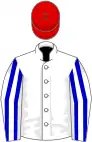 White, light blue striped sleeves, red cap