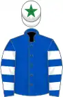Royal blue, white hooped sleeves, white cap, green star
