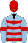 Light blue, red hoops and armlets, red cap