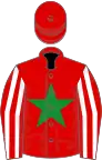 Red, green star, red and white striped sleeves, red cap
