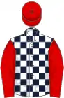 Dark blue and white check, red sleeves and cap