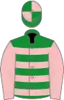 Green and pink hooped, pink sleeves, quartered cap