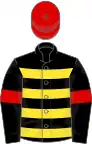 Black, yellow hoops, red armlets and cap