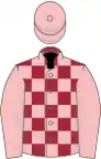 Maroon and pink check, pink sleeves and cap