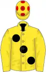Yellow, large black spots, red spots on cap