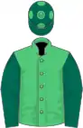 Emerald green, dark green sleeves, dark green cap, emerald green spots