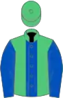 EMERALD GREEN, royal blue panel and sleeves, emerald green cap