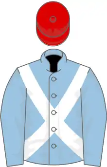 Light blue, red cross belts, red cap